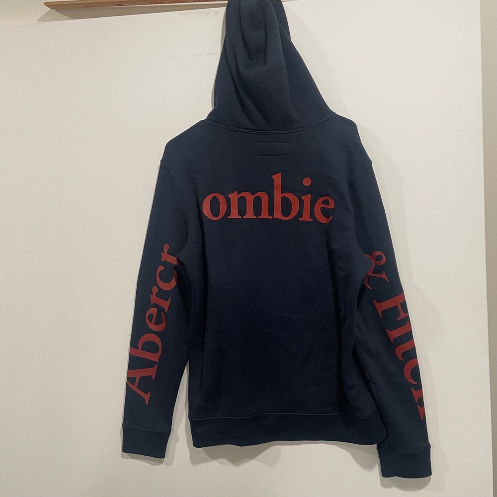 Abercrombie & Fitch Mens Blue Red Graphic Logo Soft AF Fleece Hoodie Small
